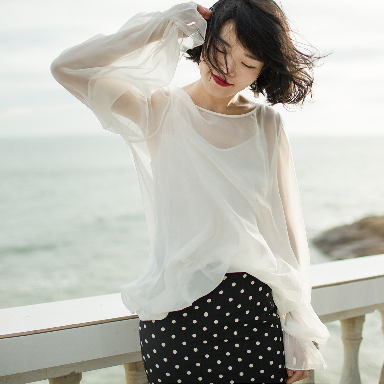 a'mao夏名媛长袖网纱透荷叶边视宽松装纱衣吊带套罩衫真丝上衣