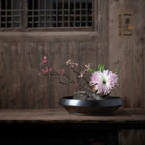 (light) Zen Chinese style black glazed flower plate Golden small original flow flower device water plate Flower Road Pond Square Chinese flower art