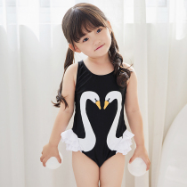 Childrens swimsuit girl princess baby Black Swan swimsuit girls one-piece cute little Swan wooden ear swimsuit