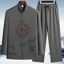 Spring and Autumn Tangwear Male Sleeve Cotton Botton Thin Father Middle-aged Grandpa Summer Clothing Old Clothes Shirt