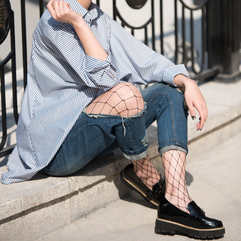 夏季超薄长款渔网袜子女式连裤袜破洞牛仔裤黑色性感镂空丝袜网袜