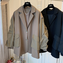 Design sense niche loose casual retro fake two pieces of stitching wrinkled texture windbreaker suit jacket women Spring and Autumn Tide