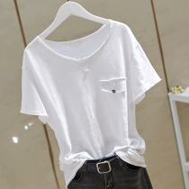 Bamboo Festival Cotton T-shirt Female Short Sleeve 2022 New Women Xia Xin Han Edition Loose and Thin Ins White Half Sleeve Upper