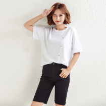 Bamboo Festival Cotton Short-Sleeved T-shirt Female 2022 Summer New Korean Version Round Toll Loose-Broken Hole Five-Half Sleeve Inspot Swim Shirt