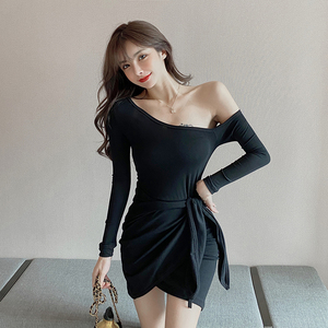 Sexy shoulder one shoulder dress women’s autumn winter design bandage irregular skirt