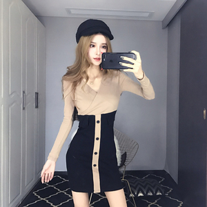 Slim fit hip wrap dress women’s Cross V-neck color matching skirt