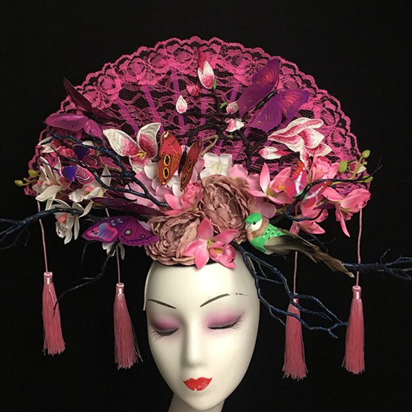 Chinese Style, Fashion, Personality, tassels, Fans, Headwear, Stage Show, Colorful Makeup, Creative Form, Headdress Girl