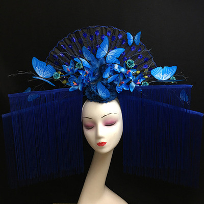 T-stage show blue butterfly flower tassels creative hairdressing Chinese wind stage exaggerated fan headdress