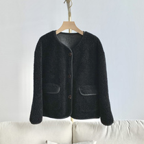 2022 new black sheep shearing fur coat womens round neck short wool fur coat womens off-season