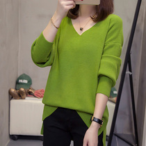 Big code sweater womens spring autumn clothing 2021 new fat mm ox oil fruit green needle weaselnitwear V collar fat younger sister to be slim 200 catty