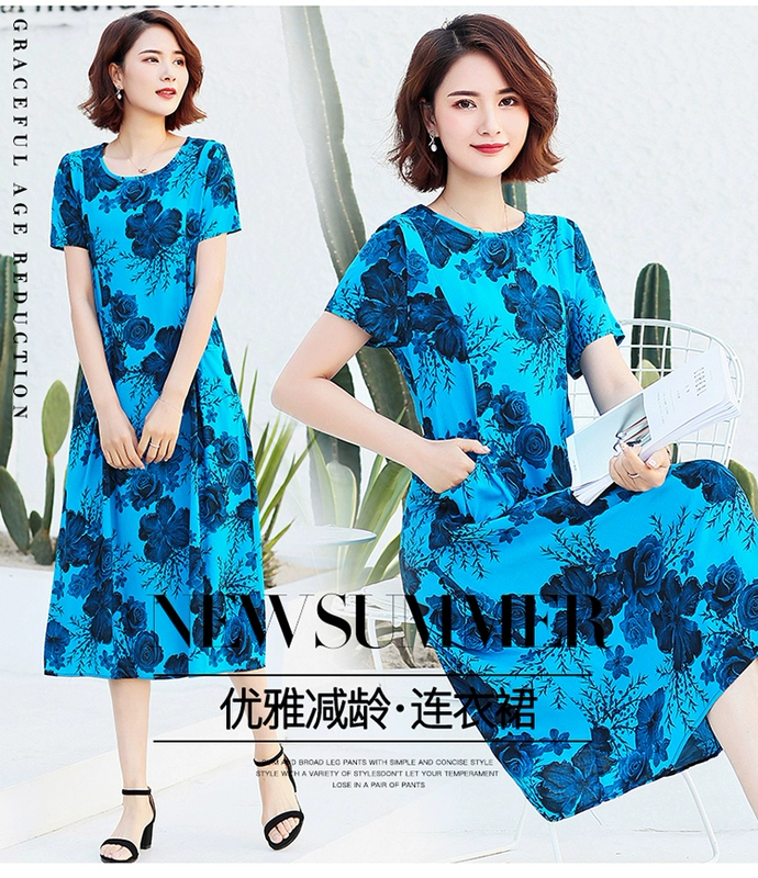 Thời trang mới 2021 váy lụa cotton tinh khiết 40 tuổi 50 trung niên rayon mẹ phương tây váy mùa hè trên đầu gối váy dài - Sản phẩm HOT