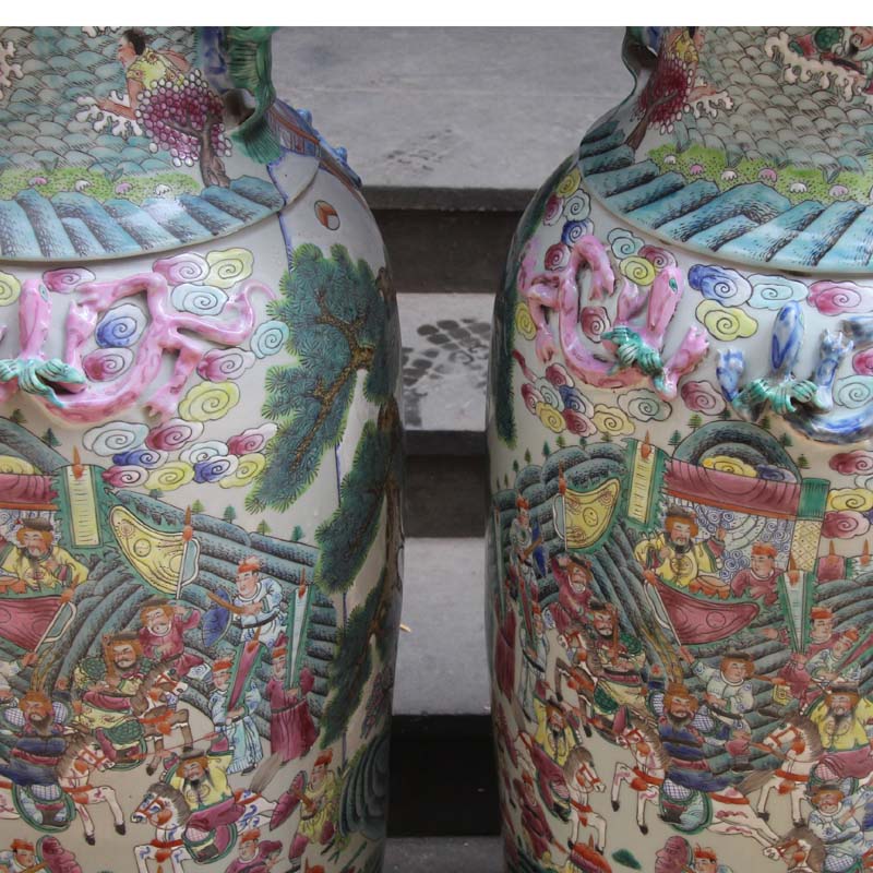 Jingdezhen archaize pastel hand - made character vase in The Three Kingdoms story double lion ear pastel classical decoration furniture furnishing articles