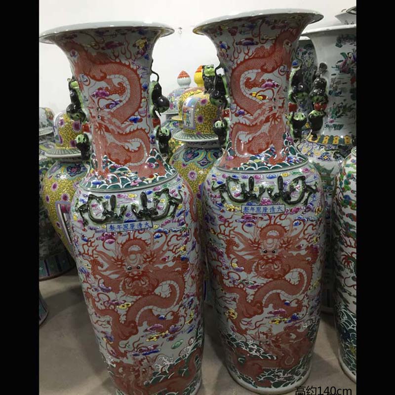 Jingdezhen hand - made of 140 dragon porcelain vase 120 cm double lion dragon landing big vase red dragon