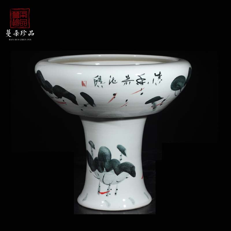 Jingdezhen hand - made lotus high tank high ceramic water shallow cylinder courtyard sitting room balcony goldfish bowl