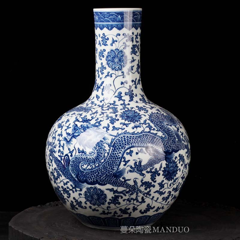 Jingdezhen blue and white dragon vase bound Chinese style classical decoration lotus flower dragon vase 50 high around the celestial sphere