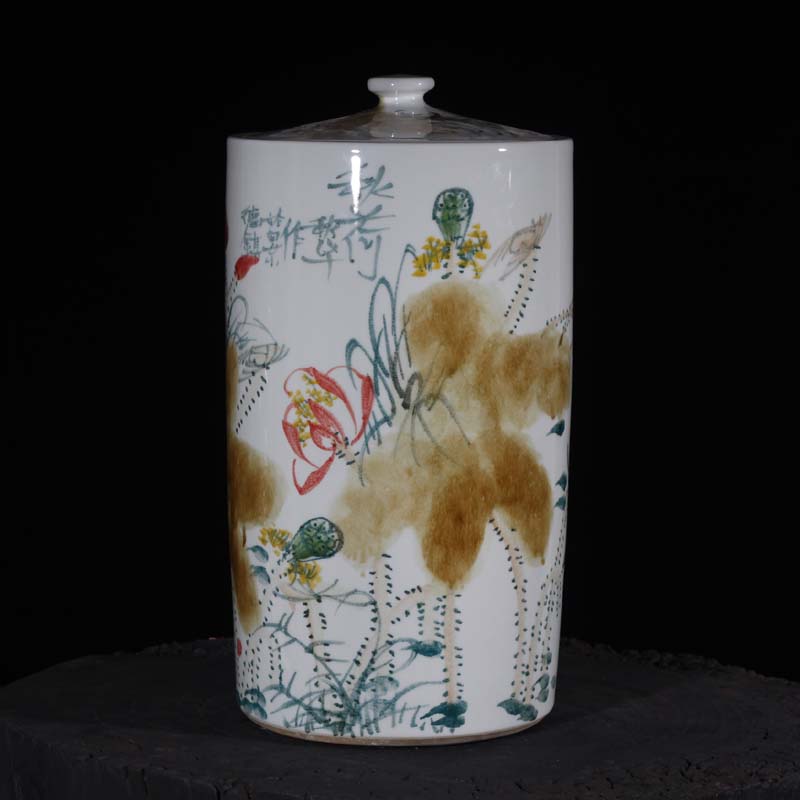 Jingdezhen authentic hand - drawn lotus tea, the seventh, peulthai the ceramic cover quiver straight tube ceramic porcelain rice pot