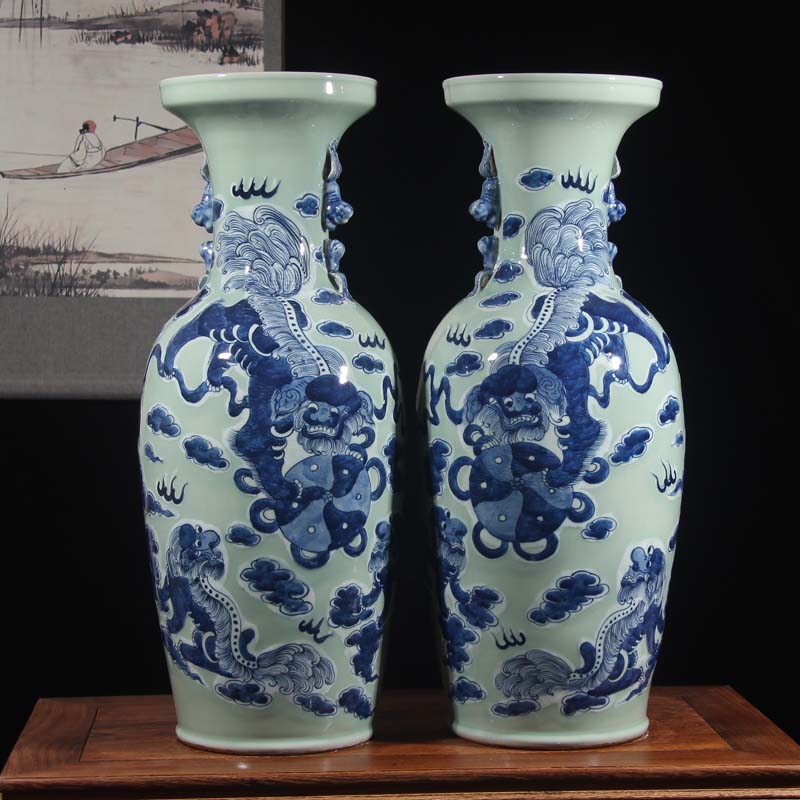 Jingdezhen double lion imitation word antique vase of dowry hand - made ceramic vase 60 Gao Qinghua ground vase