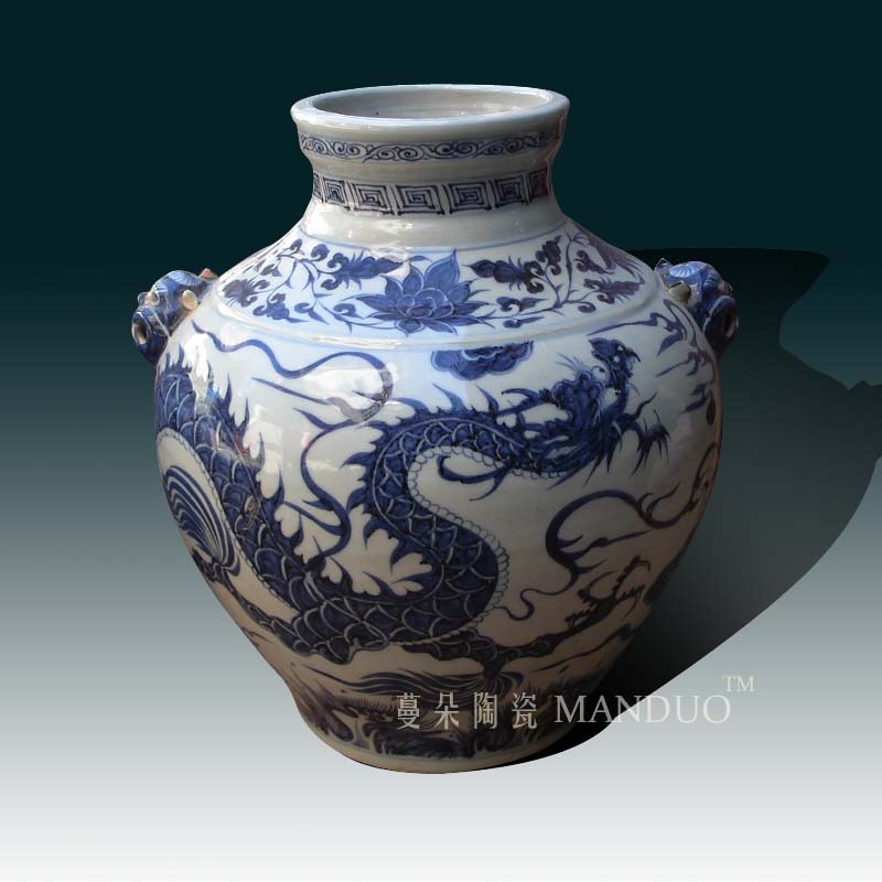 Imitation of yuan blue and white peony dragon large pot of yuan dynasty blue and white peony dragon benevolent ears blue - and - white porcelain jar of big as cans