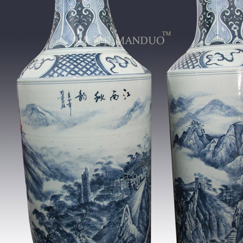 Jingdezhen blue and white landscape hand - made 2.2 meters tall vase of large enterprise opening taking presented a large vase