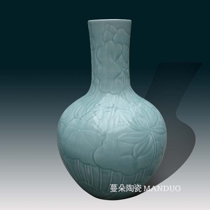 Jingdezhen carved lotus celadon high - grade pure color vase sitting room hall bedroom furnishings decorative vase