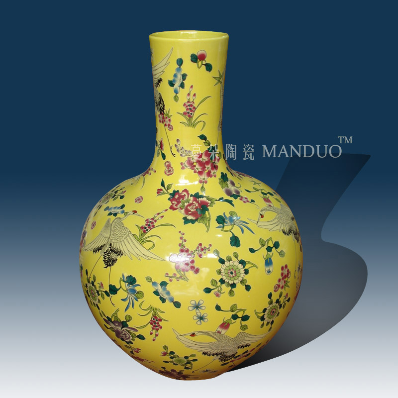 Jingdezhen lad with a spring in yellow crane branch lotus celestial vase elegant Chinese style decorative vase