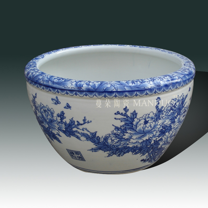 Jingdezhen blue and white peony flower porcelain VAT blue and white peony beautiful antique calligraphy and painting porcelain cylinder