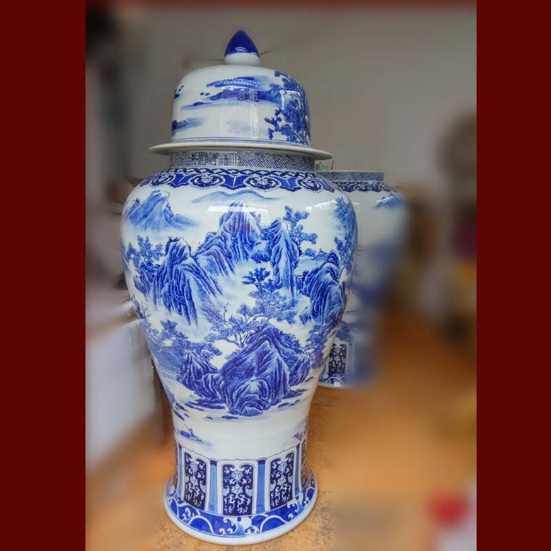 Jingdezhen pure hand - made copy general kangxi porcelain pot 1 meter high pure hand - made fret about landscape