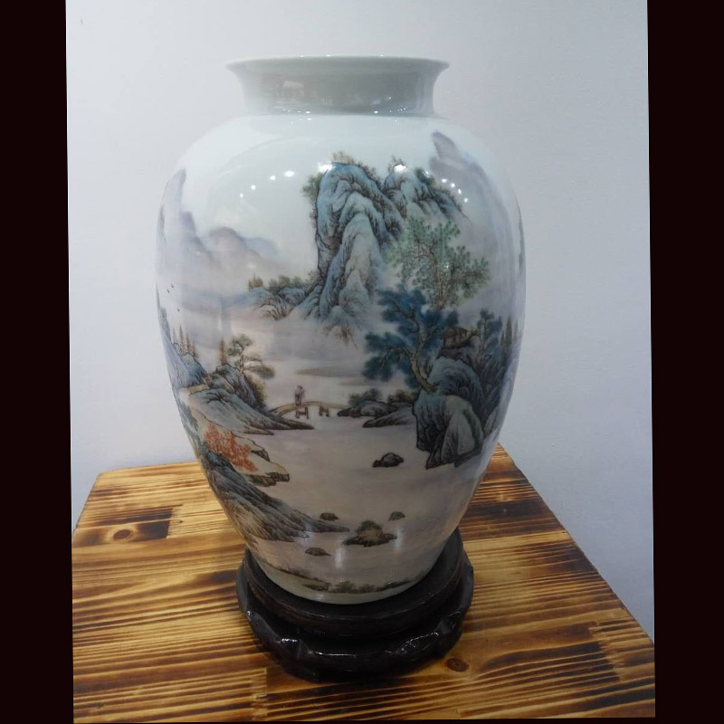 Jingdezhen collection gift of painting landscape powder enamel vase 50 cm high painting painting appreciation vase of pure painting