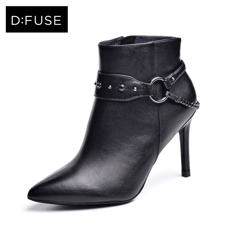D：Fuse/迪芙斯2015秋冬新款牛皮铆钉尖头细跟短靴女鞋DF54115004