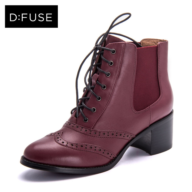 D：Fuse/迪芙斯2015秋牛皮冲孔系带圆头粗高跟女鞋短靴DF53115005