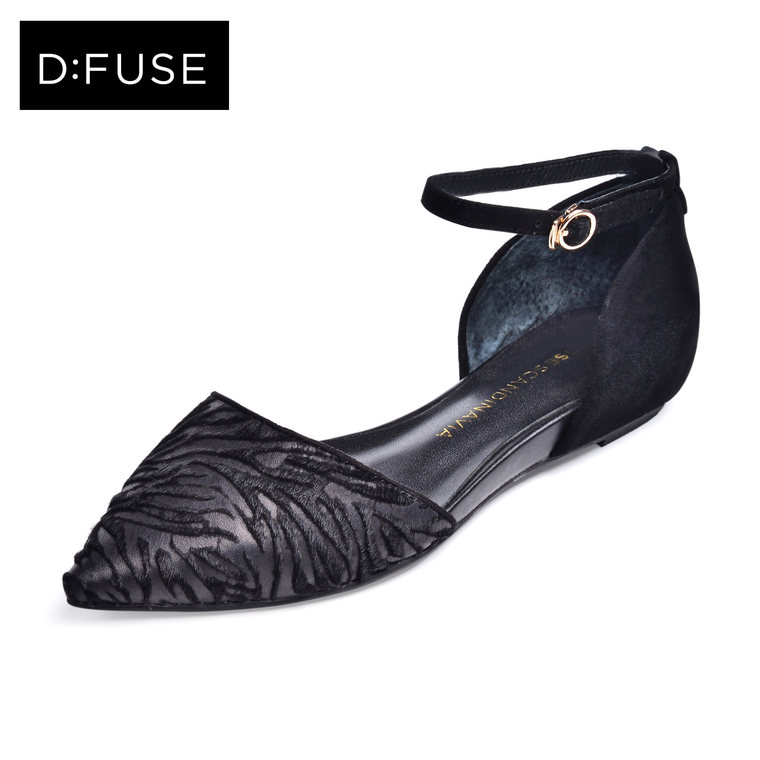 D：Fuse/迪芙斯2015秋新款羊反绒尖头平跟女凉鞋DF53113001-10
