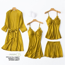 Summer thin ice silk pajamas female sling with chest pad nightgown nightgown spring and autumn home four-piece set with pajama pants