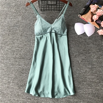 Sexy sling nightgown women seduction with chest pad Spring and autumn thin lace sentiment hot summer ice silk backless pajamas