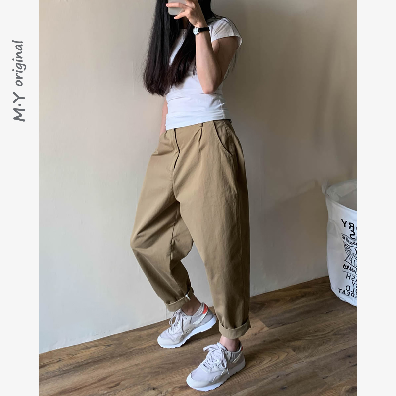 满壹原创春夏卡其色工装裤老爹裤萝卜裤女宽松显瘦九分哈伦休闲裤