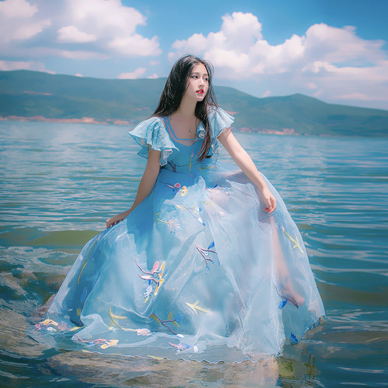 白色仙女公主裙成人刺绣蕾丝名媛蓬蓬裙连衣裙甜美韩版女夏季长裙