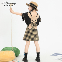 Rabbit collage lace short-sleeved T-shirt brown black plaid anti-light skirt girls summer suit western style new style