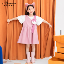 Pink bowknot bag asymmetrical design girl dress childrens clothing summer new high waist foreign style princess dress