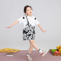 Black and white stitching cartoon panda print girls dress 2021 summer new loose round neck girls dress skirt