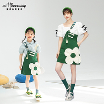 Parent-child mother-daughter dress sweet textured applique one-shoulder suspender skirt foreign style new summer dress fresh and elegant dress