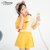 Multi-color lace stitching denim shorts girls summer new childrens loose foreign style straight wide-leg 5-point pants