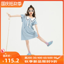 Blue cartoon print girl dress summer new Navy sailor suit loose cotton breathable girl skirt