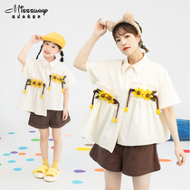 Beige shirt new summer parent-child mother-daughter dress foreign style daisy tie flower dislocation design casual half-sleeved cardigan