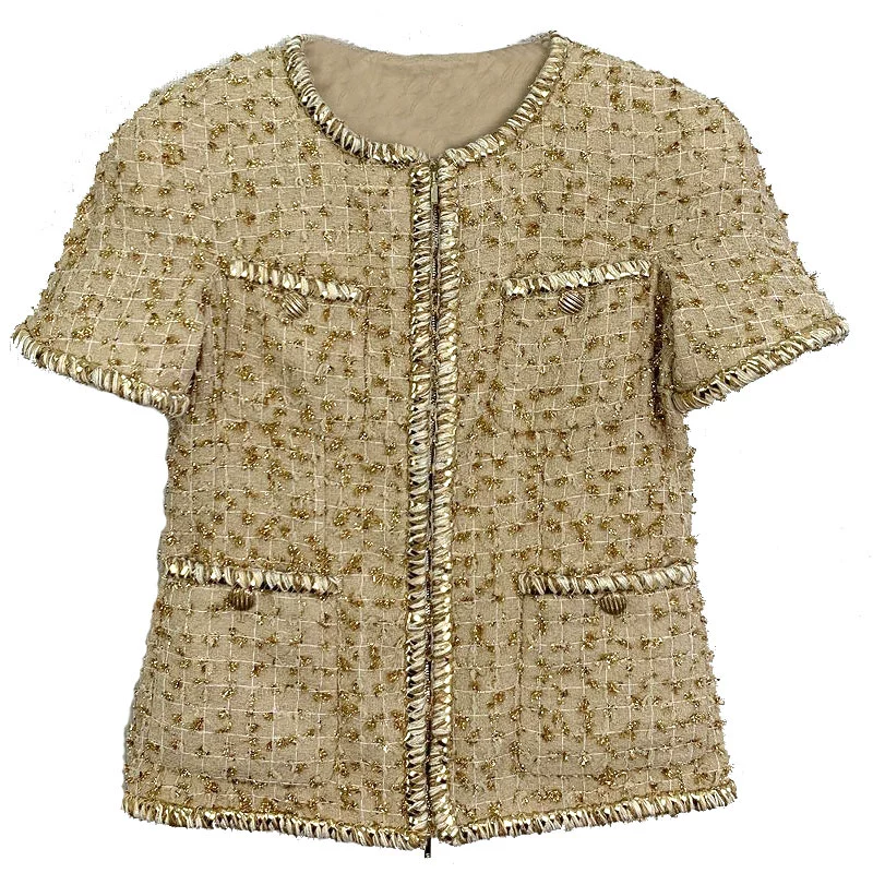 21 mùa hè mới phụ nữ retro nhẹ sang trọng áo khoác sang trọng nhỏ sợi tơ vàng thơm sợi vải tuýt ngắn tay phù hợp với váy nửa dài - Bộ đồ