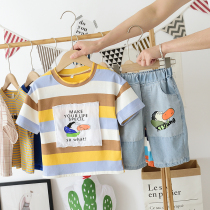 Childrens summer suit 2021 New Tide boys summer cotton net red two-piece set of medium and large children Korean soft denim