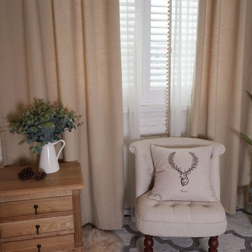 杏色亚麻 定制成品涤麻薄麻布窗帘美式客厅卧室