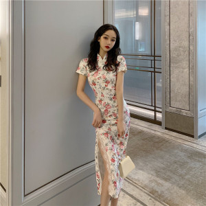 Temperament printing fairy split girl lace side long modified cheongsam dress