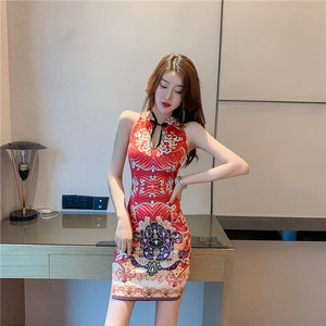 Totem print cut out sexy split cheongsam dress