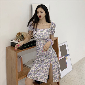 French small floral bubble sleeve high slit slim long dress