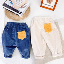Autumn and winter foreign style warm thickened plus velvet casual boys contrast color trousers for childrens baby loose corduroy pants