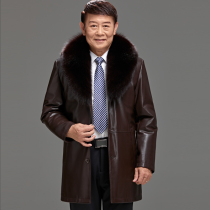 Winter middle-aged leather clothing mens long single-breasted sheep jacket suit collar father leather fur